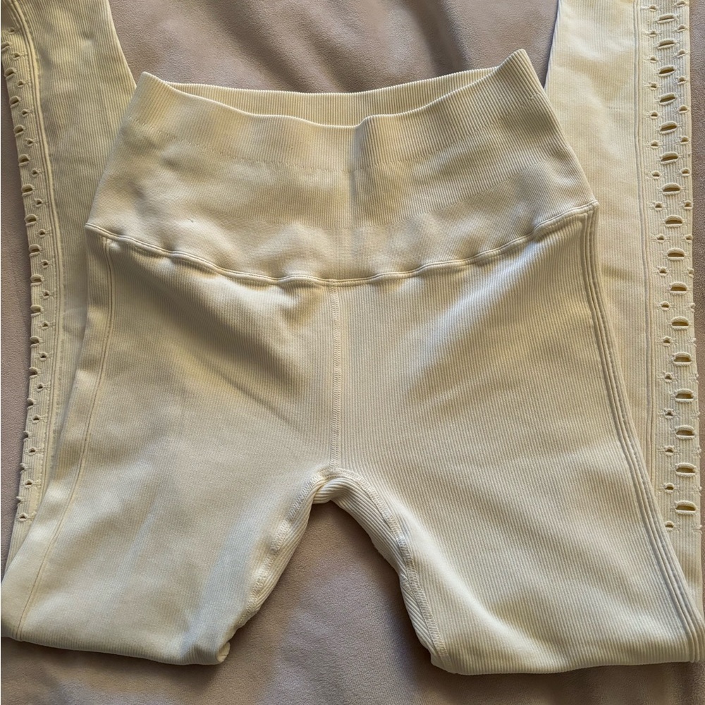 Spiritual Gangster Self Love Ribbed & Laser Cut Leggings in Butter Yellow, XS/S